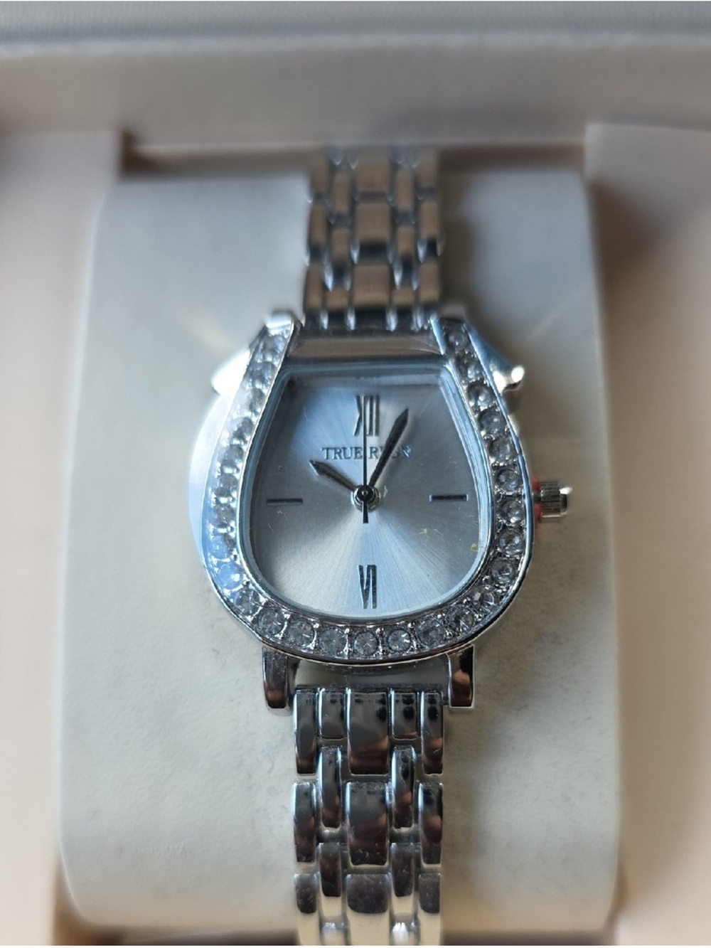 True Religion Silver Crystal Accent Women's Watch With Denim Box